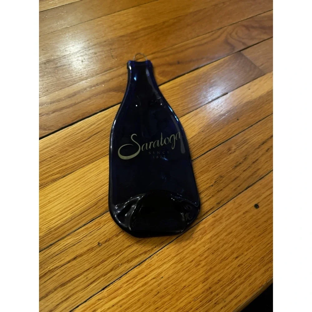 Vintage‎ Saratoga Flattened Blue water Bottle Wall Hanging Hook Upcycled Art